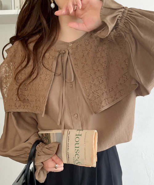 mily bilet（ミウィビレット）の「【mily bilet】大人レトロの新定番。シーンに寄り添い、マルチに活躍!!ビッグレース衿ゆったり3wayキャンディスリーブブラウス（シャツ/ブラウス・レディース・ブラウン/アイボリー/ブラック/グレイッシュベージュ・SMALL/LARGE/MEDIUM/X-LARGE）」の21枚目の写真
