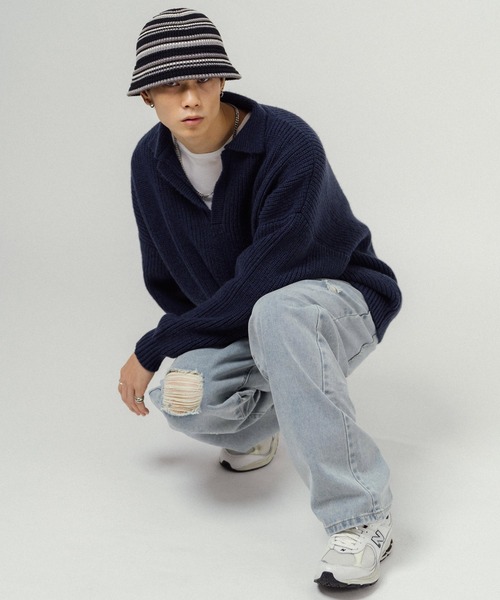 Ressaca（レサーカ）の「オーバーサイズ バルキー スキッパーポロニットセーター（ニット/セーター・メンズ・ブラック/ネイビー/グレー/オレンジ/ブルー/グリーン・M/L）」の4枚目の写真