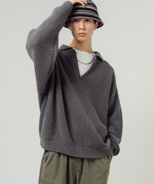 Ressaca（レサーカ）の「オーバーサイズ バルキー スキッパーポロニットセーター（ニット/セーター・メンズ・ブラック/ネイビー/グレー/オレンジ/ブルー/グリーン・M/L）」の2枚目の写真