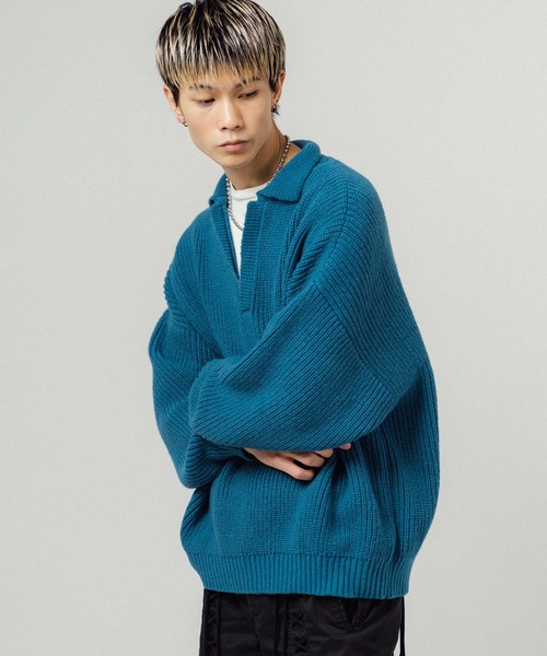 Ressaca（レサーカ）の「オーバーサイズ バルキー スキッパーポロニットセーター（ニット/セーター・メンズ・ブラック/ネイビー/グレー/オレンジ/ブルー/グリーン・M/L）」の11枚目の写真