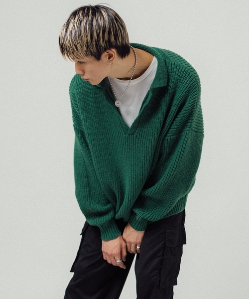 Ressaca（レサーカ）の「オーバーサイズ バルキー スキッパーポロニットセーター（ニット/セーター・メンズ・ブラック/ネイビー/グレー/オレンジ/ブルー/グリーン・M/L）」の15枚目の写真