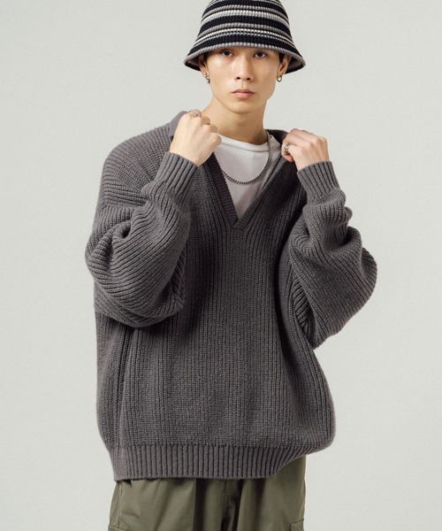 Ressaca（レサーカ）の「オーバーサイズ バルキー スキッパーポロニットセーター（ニット/セーター・メンズ・ブラック/ネイビー/グレー/オレンジ/ブルー/グリーン・M/L）」の18枚目の写真