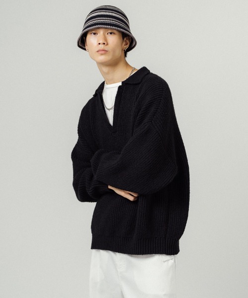 Ressaca（レサーカ）の「オーバーサイズ バルキー スキッパーポロニットセーター（ニット/セーター・メンズ・ブラック/ネイビー/グレー/オレンジ/ブルー/グリーン・M/L）」の7枚目の写真