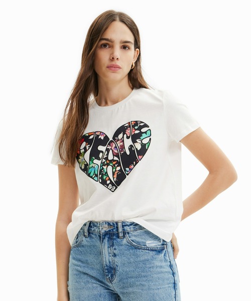Desigual(デシグアル)の「Peace ハートTシャツ(Tシャツ/カットソー・レディース・ホワイト・M/S/XL/XS/L)」の1枚目の写真