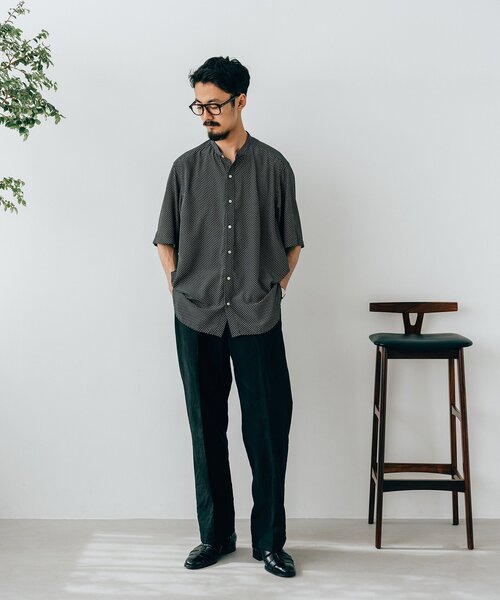 LA BOUCLE / ラブークル】デシン バンドカラー パターン 半袖シャツ