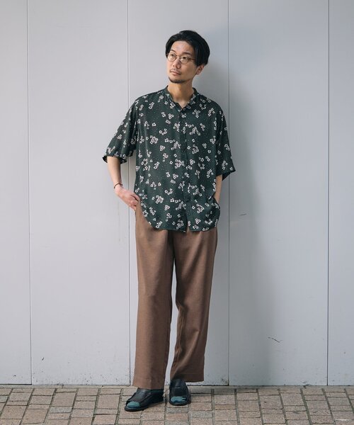 LA BOUCLE ラブークル　デシン バンドカラー パターン 半袖シャツ セール】【LA BOUCLE / ラブークル】デシン バンドカラー