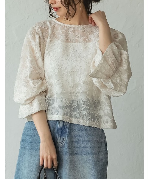 Re:EDIT（リエディ）の「[2023 SUMMER COLLECTION]前後2WAYフラワーカットジャガードシアーブラウス（カーディガン/ボレロ・レディース・アイボリー/ブラック/パープル・MEDIUM/LARGE）」の12枚目の写真