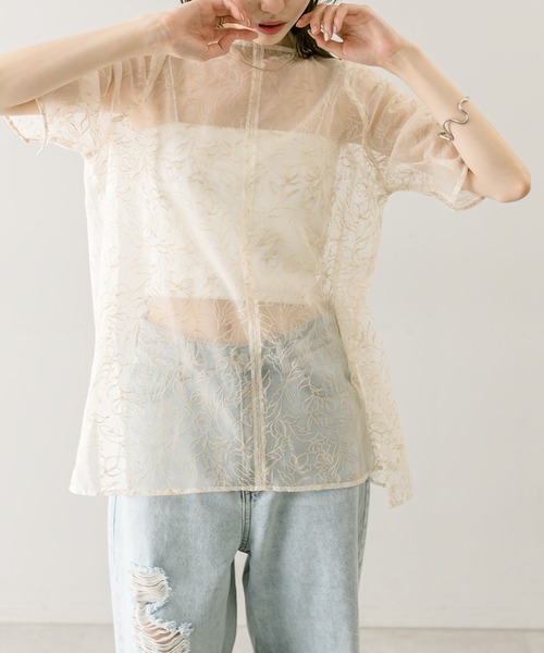 mystic（ミスティック）の「新色追加！半袖シアーパフスリーブブラウス（シャツ/ブラウス・レディース・ベージュ/アイボリー/ブラック/ブルー/オフホワイト/ネイビー・FREE）」の22枚目の写真