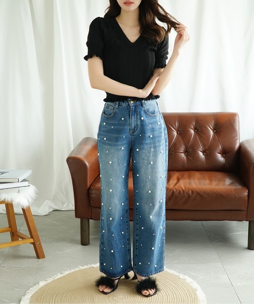 Jasmine Grandiflorum(ジャスミングランディフローラム)の「【Jasmine】パール付きハイウエストワイドデニムパンツ(デニムパンツ・レディース・ブルー/ブラック/ネイビー・LARGE/X-LARGE/MEDIUM/SMALL)」の7枚目の写真