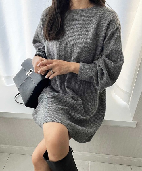 セール】ボリュームスリーブボートネックミニ丈ミックスニット