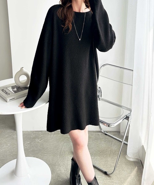 セール】ボリュームスリーブボートネックミニ丈ミックスニット