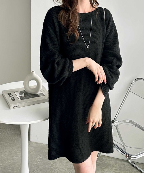 セール】ボリュームスリーブボートネックミニ丈ミックスニット