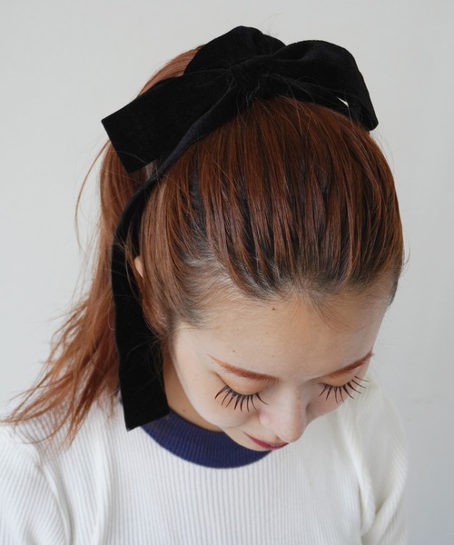 ME☆お値下げ対応します！です。シュシュ　ロゴ入り　リボン　ブラック RIBBON CHOUCHOU / VELOUR（シュシュ）｜muku（ムク）の