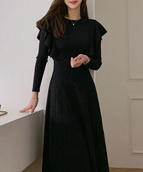 Miniministore(ミニミニストア)の「ショルダーフリルニットワンピース新作(ワンピース・レディース・ブラック/グレー・フリー)」の12枚目の写真