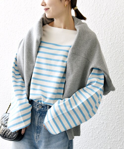 SHIPS any（シップス エニィ）の「SHIPS any:〈洗濯機可能〉ワイド スリーブ ビッグ ボーダー プルオーバー（Tシャツ/カットソー・レディース・ブラック/オレンジ/ライトブルー・ONE SIZE）」の2枚目の写真