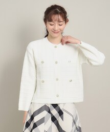 ◆【お呼ばれ／オフィス／カジュアルにも／丈感短め】ツイード調ニットジャケット