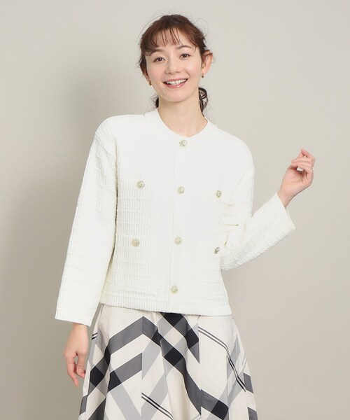 ITS'DEMO（イッツデモ）の「◆【お呼ばれ／オフィス／カジュアルにも／丈感短め】ツイード調ニットジャケット（ノーカラージャケット・レディース・ブラック系3/ブラック/オフホワイト・00）」の4枚目の写真