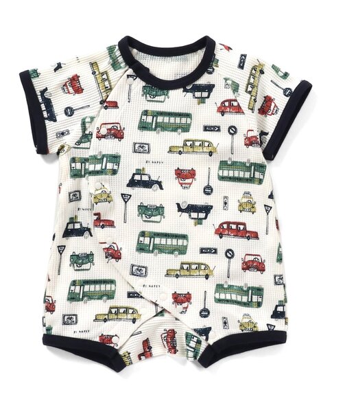 Ampersand(アンパサンド)の「総柄ロンパス(ロンパース・キッズ・オフホワイト/サックスブルー・60/70/80)」の1枚目の写真