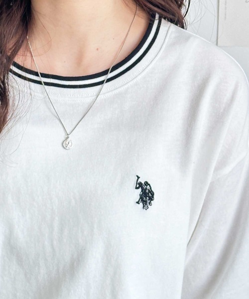 U.S. POLO ASSN.(ユーエスポロアッスン)の「GeeRA別注【U.S. POLO ASSN.】ワンポイント刺繍オーバーサイズライン配色Tシャツ(Tシャツ/カットソー・レディース・モカ/オフホワイト/ブラック/その他/オートミール/ネイビー・LARGE/X-LARGE/MEDIUM)」の7枚目の写真