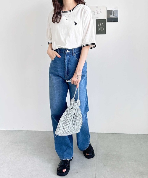 U.S. POLO ASSN.(ユーエスポロアッスン)の「GeeRA別注【U.S. POLO ASSN.】ワンポイント刺繍オーバーサイズライン配色Tシャツ(Tシャツ/カットソー・レディース・モカ/オフホワイト/ブラック/その他/オートミール/ネイビー・LARGE/X-LARGE/MEDIUM)」の8枚目の写真