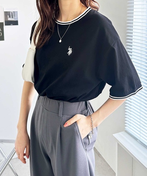 U.S. POLO ASSN.(ユーエスポロアッスン)の「GeeRA別注【U.S. POLO ASSN.】ワンポイント刺繍オーバーサイズライン配色Tシャツ(Tシャツ/カットソー・レディース・モカ/オフホワイト/ブラック/その他/オートミール/ネイビー・LARGE/X-LARGE/MEDIUM)」の9枚目の写真
