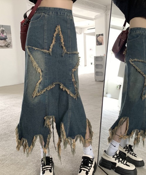 .KOM(ドットコム)の「A'GEM/9 × .kom 『.KOM/ドットケーオーエム』 スターロングスカート(デニムスカート・レディース・インディゴブルー・FREE)」の11枚目の写真