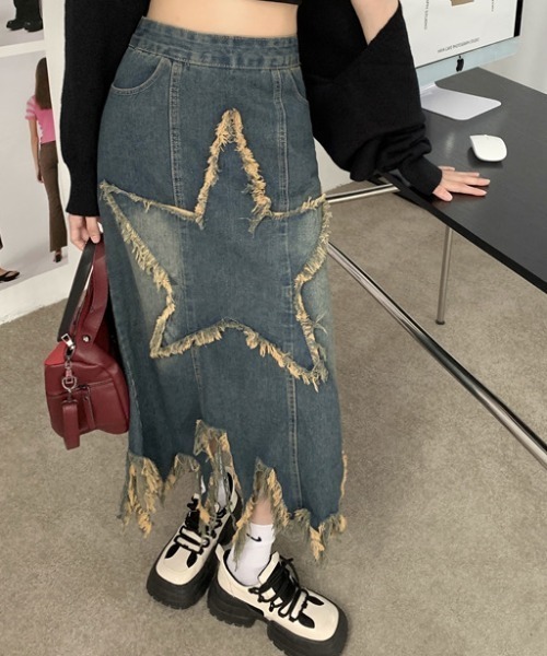 .KOM(ドットコム)の「A'GEM/9 × .kom 『.KOM/ドットケーオーエム』 スターロングスカート(デニムスカート・レディース・インディゴブルー・FREE)」の12枚目の写真