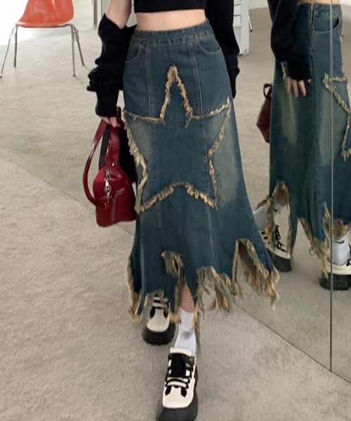 .KOM(ドットコム)の「A'GEM/9 × .kom 『.KOM/ドットケーオーエム』 スターロングスカート(デニムスカート・レディース・インディゴブルー・FREE)」の6枚目の写真