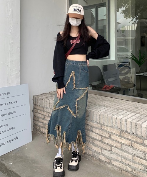 .KOM(ドットコム)の「A'GEM/9 × .kom 『.KOM/ドットケーオーエム』 スターロングスカート(デニムスカート・レディース・インディゴブルー・FREE)」の9枚目の写真