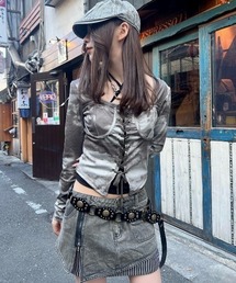 XU | ストリートファッション XU エックスユー tie-dye lace up tops タイダイ柄トップス レースアップトップス スクエアネックトップス 長袖トップス Y2K 韓国ファッション 韓国ストリート(その他トップス)