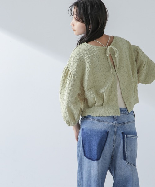 NANO universe（ナノユニバース）の「前後2WAYふくれジャガードカットトップス（Tシャツ/カットソー・レディース・グリーン/ブラック/オフホワイト・FREE）」の15枚目の写真