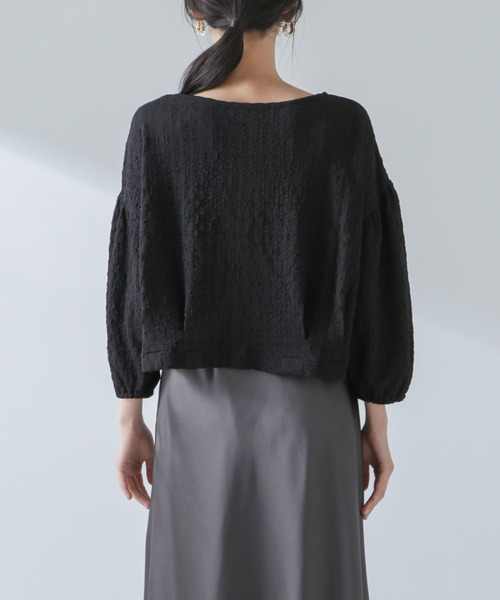 NANO universe（ナノユニバース）の「前後2WAYふくれジャガードカットトップス（Tシャツ/カットソー・レディース・グリーン/ブラック/オフホワイト・FREE）」の8枚目の写真