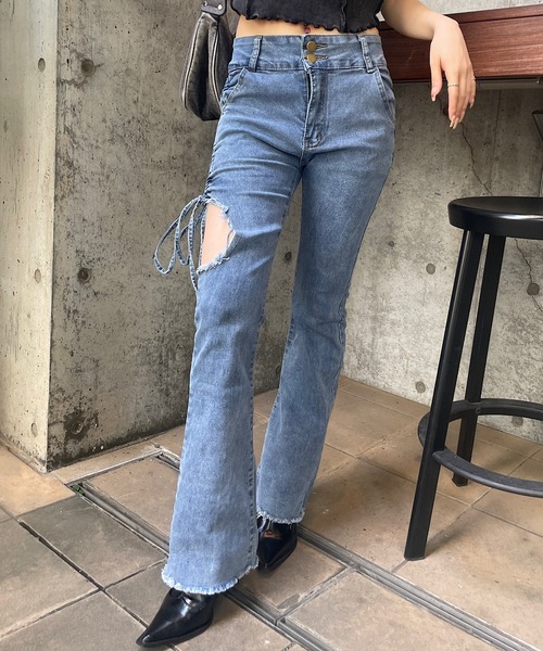 着用一回　トレゾア　リボンジーンズ トゥエモントレゾア サイドリボン ストレッチ デニムパンツ 濃紺