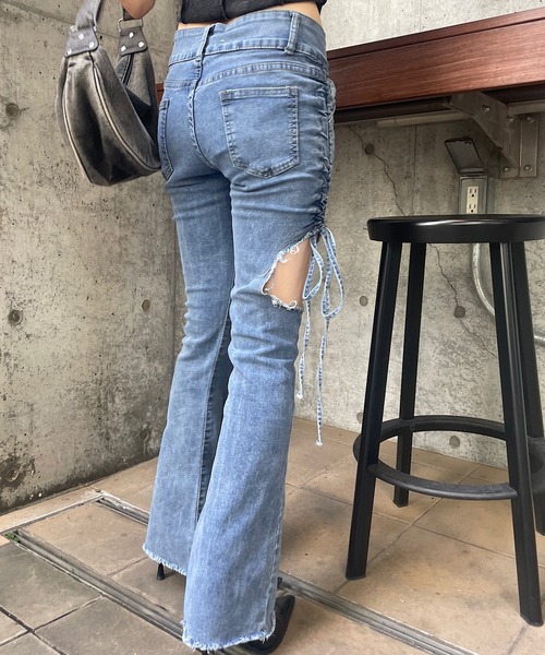 nemne store バックリボンサイドカットワイドデニム ブラック バックリボンサイドカットワイドデニム（デニムパンツ）｜nemne