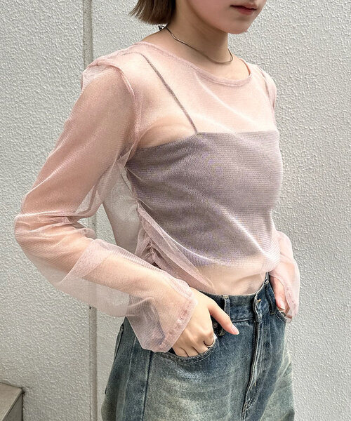 mline（エムライン）の「[mline]チュールギャザートップス（Tシャツ/カットソー・レディース・ブルー/アイボリー/ブラック/ピンク/ゴールド・FREE）」の4枚目の写真