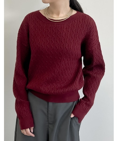 セール】配色or無地クルーネックケーブルニットトップス（ニット