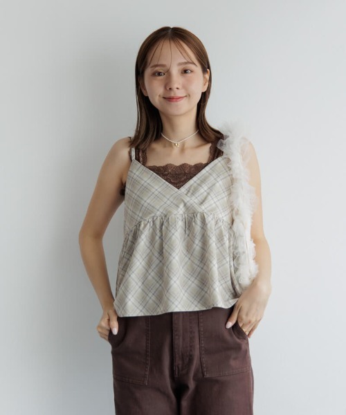 flower(フラワー)の「シルキーチェックビスチェ(キャミソール・レディース・ベージュ/ミント・FREE)」の3枚目の写真