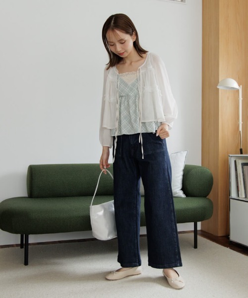 flower(フラワー)の「シルキーチェックビスチェ(キャミソール・レディース・ベージュ/ミント・FREE)」の14枚目の写真