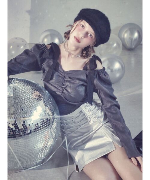 EATME（イートミー）の「シャーリングスリーブリボンブラウス（シャツ/ブラウス・レディース・アイボリー/ピンク/グレー・FREE）」の4枚目の写真