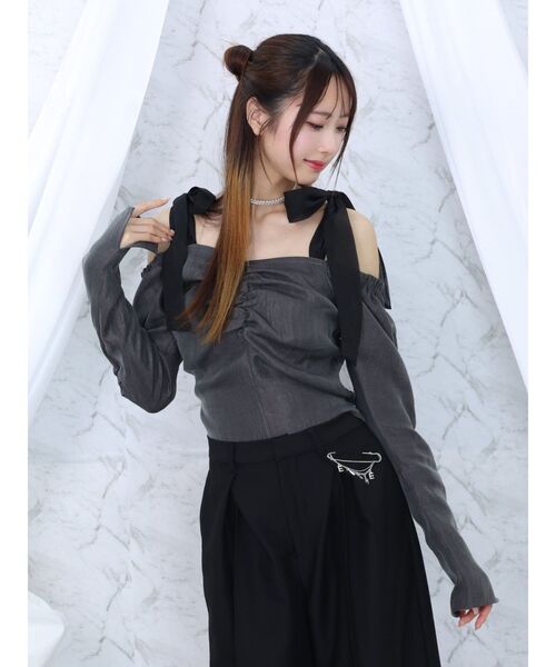 EATME（イートミー）の「シャーリングスリーブリボンブラウス（シャツ/ブラウス・レディース・アイボリー/ピンク/グレー・FREE）」の7枚目の写真