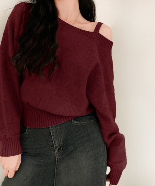 PRIVATE  BEACH（プライベートビーチ）の「アシンメトリーオフショルダーニットトップス（ニット/セーター・レディース・ネイビー/グレー/オフホワイト/カーキ/ブラック/ワインレッド・FREE/M/L）」の6枚目の写真