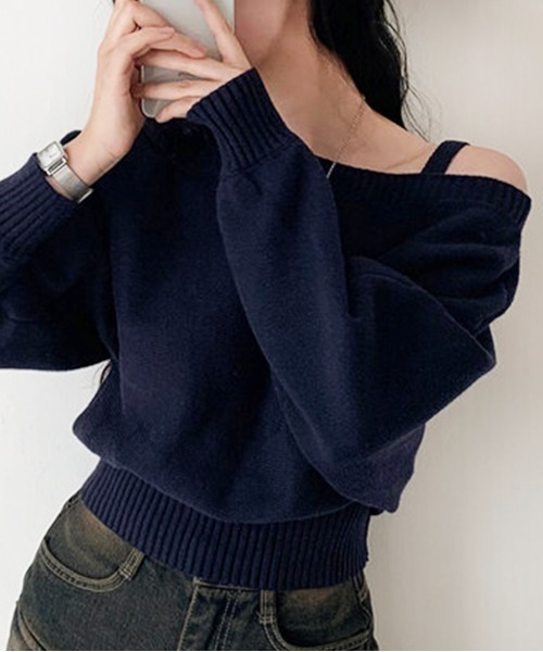 セール】アシンメトリーオフショルダーニットトップス（ニット