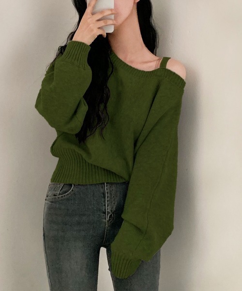 PRIVATE  BEACH（プライベートビーチ）の「アシンメトリーオフショルダーニットトップス（ニット/セーター・レディース・ネイビー/グレー/オフホワイト/カーキ/ブラック/ワインレッド・FREE/M/L）」の14枚目の写真