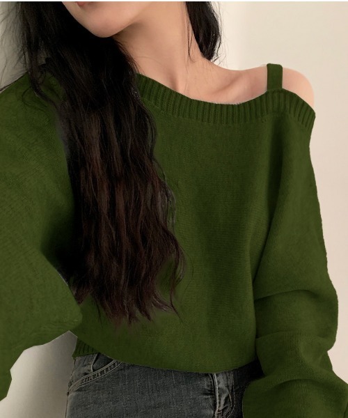 PRIVATE  BEACH（プライベートビーチ）の「アシンメトリーオフショルダーニットトップス（ニット/セーター・レディース・ネイビー/グレー/オフホワイト/カーキ/ブラック/ワインレッド・FREE/M/L）」の16枚目の写真