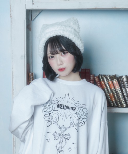 Whinny（ホワイニー）の「Whinny/スノーねこパンチ（ニットキャップ/ビーニー・レディース・グレー/ブラック/ホワイト・FREE）」の4枚目の写真