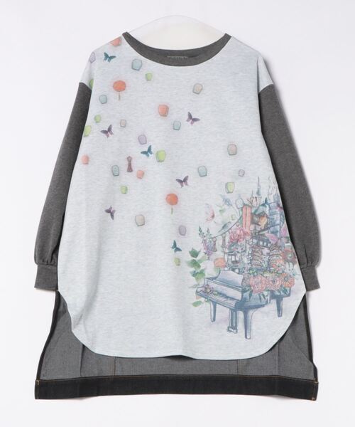 【セール】543253：天燈節とピアノ柄 デニム切替裏毛ワンピース（Tシャツ/カットソー）｜iS ScoLar（イズスカラー）