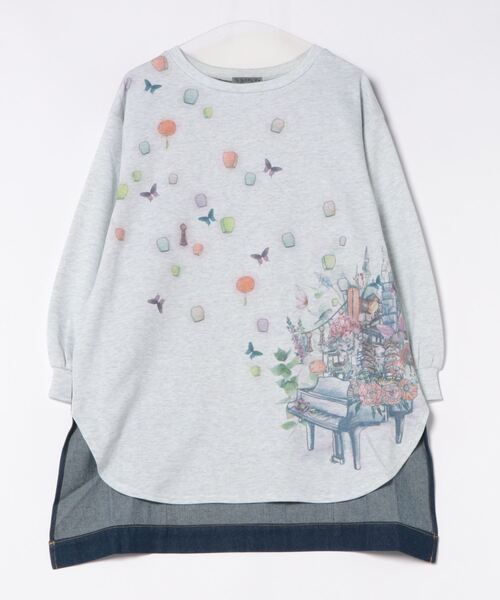 【セール】543253：天燈節とピアノ柄 デニム切替裏毛ワンピース（Tシャツ/カットソー）｜iS ScoLar（イズスカラー）