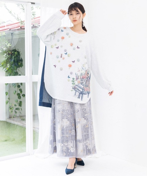 【セール】543253：天燈節とピアノ柄 デニム切替裏毛ワンピース（Tシャツ/カットソー）｜iS ScoLar（イズスカラー）