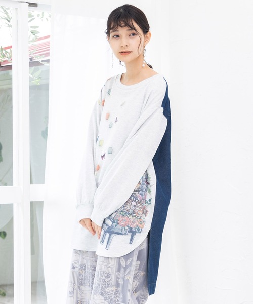 【セール】543253：天燈節とピアノ柄 デニム切替裏毛ワンピース（Tシャツ/カットソー）｜iS ScoLar（イズスカラー）