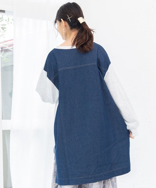 【セール】543253：天燈節とピアノ柄 デニム切替裏毛ワンピース（Tシャツ/カットソー）｜iS ScoLar（イズスカラー）